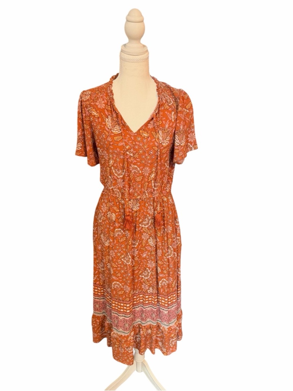 Knox Rose Boho Floral Tassel Waist Dress Small Cottagecore Peasant